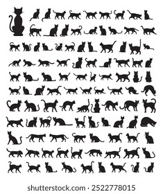 Large set of different cat silhouettes in various poses and styles. Perfect for pet-themed designs, animal illustrations, or creative projects, showcasing the diverse and graceful forms of cats.