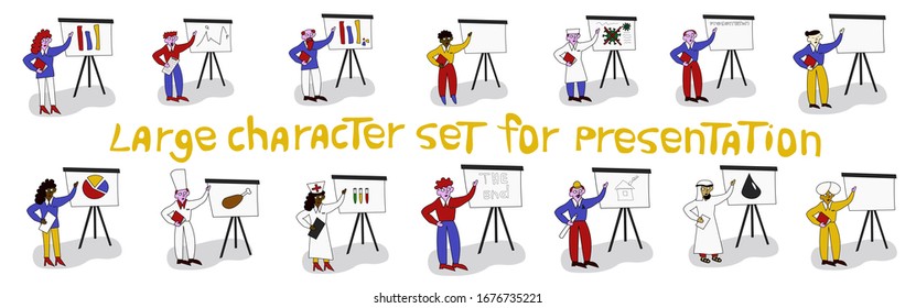 Un gran conjunto de personajes diferentes que lideran la presentación, de diferentes razas y géneros, ya que cada personaje está aislado. dibujado al estilo de doodle