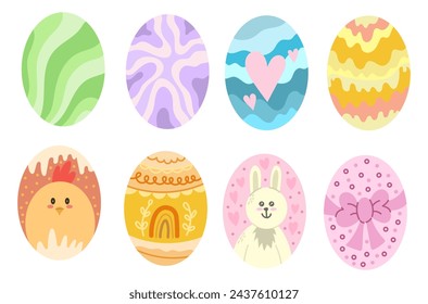 Large set with different colorful Easter eggs on a white background. Vector illustration