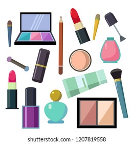 Large set of different cosmetic accessories lipstick eyeshadow mirror mascara eyeliner and stuff.