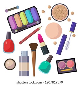Large set of different cosmetic accessories lipstick eyeshadow mirror mascara eyeliner and stuff.