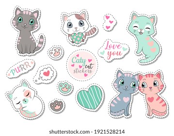 Large set of different cute Caty cat sticker designs on white depicting love, happiness and contentment , some with text, minimal style flat cartoon colored vector illustration