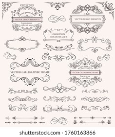 Large set of different decorative calligraphic frames and patterns for use as design elements with copyspace for text, vector illustration