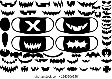 A large set of different facial expressions for Halloween. Print for a medical mask. Vector illustration.