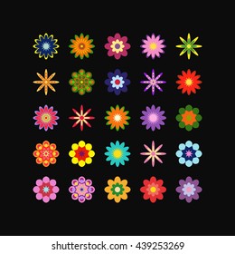 large set of different flowers of different colors on black