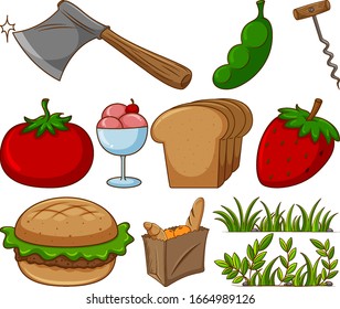 Large set of different food and other items on white background illustration