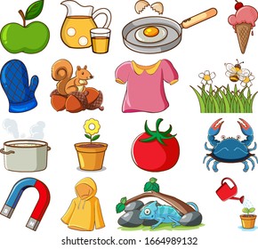 Large set of different food and other items on white background illustration