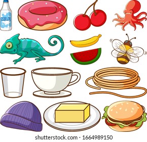 Large set of different food and other items on white background illustration
