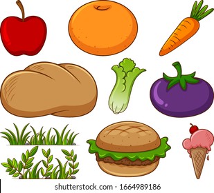 Large set of different food and other items on white background illustration