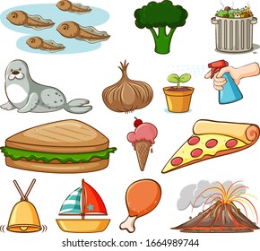 Large set of different food and other items on white background illustration