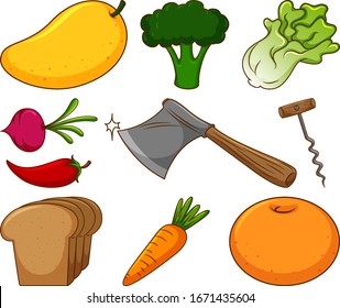 Large set of different food and other items on white background illustration