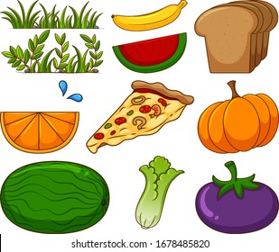 Large set of different food and other items on white background illustration