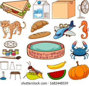 Large set of different food and other items on white background illustration