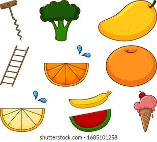 Grande conjunto de alimentos diferentes e outros itens na ilustração de fundo branco