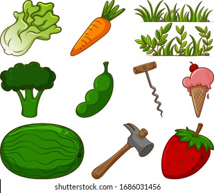 Large set of different food and other items on white background illustration