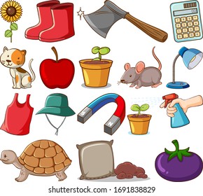 Large set of different food and other items on white background illustration