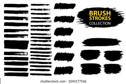 Large set different grunge brush strokes. Dirty artistic design elements isolated on white background. Black ink vector brush strokes. Black isolated paintbrush collection.