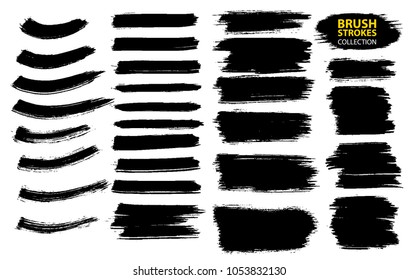 Large set different grunge brush strokes. Dirty artistic design elements isolated on white background. Black ink vector brush strokes. Black isolated paintbrush collection. 