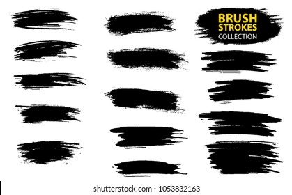 Large set different grunge brush strokes. Dirty artistic design elements isolated on white background. Black ink vector brush strokes. Black isolated paintbrush collection.