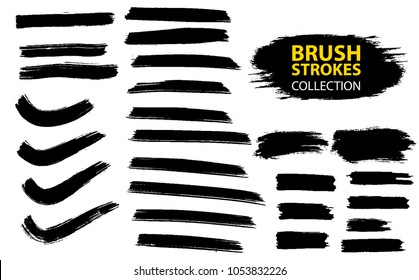 Large set different grunge brush strokes. Dirty artistic design elements isolated on white background. Black ink vector brush strokes. Black isolated paintbrush collection.