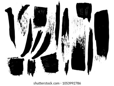 Large set different grunge brush strokes. Dirty artistic design elements isolated on white background. Black ink vector brush strokes. Black isolated paintbrush collection. Brush strokes isolated