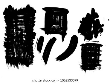 Large set different grunge brush strokes. Dirty artistic design elements isolated on white background. Black ink vector brush strokes. Black isolated paintbrush collection. Brush strokes isolated