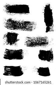Large set different grunge brush strokes. Dirty artistic design elements isolated on white background. Black ink vector brush strokes. Black isolated paintbrush collection. Brush strokes isolated.
