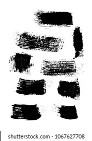 Large set different grunge brush strokes. Dirty artistic design elements isolated on white background. Black ink vector brush strokes. Black isolated paintbrush collection. Brush strokes isolated.