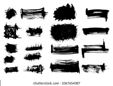 Large set different grunge brush strokes. Dirty artistic design elements isolated on white background. Black ink vector brush strokes. Black isolated paintbrush collection. Brush strokes isolated.