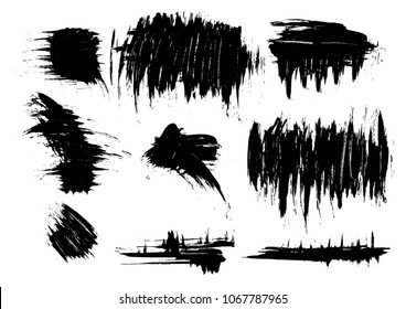 Large set different grunge brush strokes. Dirty artistic design elements isolated on white background. Black ink vector brush strokes. Black isolated paintbrush collection. Brush strokes isolated.