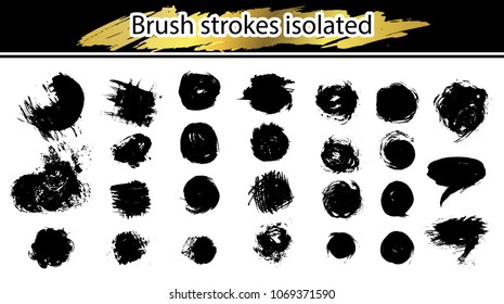 Large set different grunge brush strokes. Dirty artistic design elements isolated on white background. Black ink vector brush strokes. Black isolated paintbrush collection. Brush strokes isolated.
