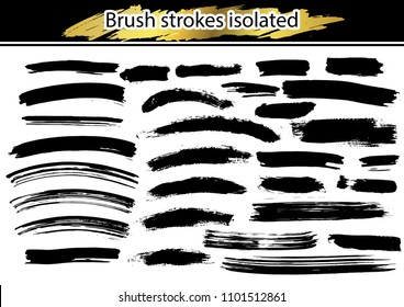 Large set different grunge brush strokes. Dirty artistic design elements isolated on white background. Black ink vector brush strokes. Black isolated paintbrush collection. Brush strokes isolated.