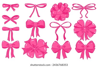 Large set of different hand drawn pink ribbon bows