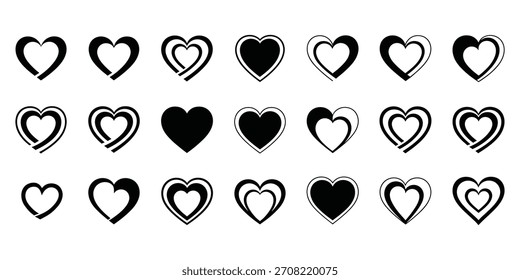 Grande conjunto de diferentes Formas de corazón y estilos en blanco y negro. Perfecto para Elementos de diseño y proyectos de Ilustración vectorial.