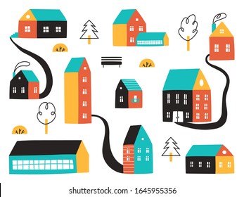 A large set of different houses, buildings, a barn, a school building. Illustration of a cartoon city with trees, benches, paths. Flat Vector illustration of houses, Logo, stickers, printing