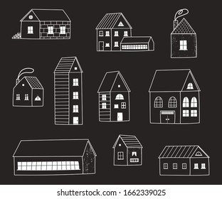 A large set of different houses , buildings, a barn, a school building. White Silhouettes of houses on a black background. Flat vector illustration of houses, logo, stickers, printing