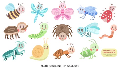 A large set with different insects - spider, mosquito, fly, bee, mantis, rhinoceros beetle, butterfly, ladybug, worm, snail and others. Vector