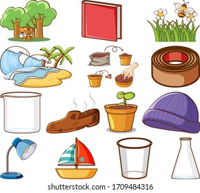 Large set of different items on white background illustration