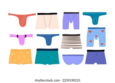 Un gran conjunto de calzoncillos masculinos, boxeadores, cordones con diferentes ornamentos. Ilustración dibujada a mano por el vector