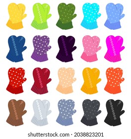 A large set of different mittens and gloves. New Year's style, woolen. Yellow, green, blue, red, purple, gray and many other colors. With pigtails, dots, hearts. For icons, stickers, character
