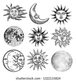 Large set of different moon and sun styles. Hand drawn sketch of crescent and full moon with human like face or planet in black and white, isolated. Detailed antique vintage style stipple drawing. 