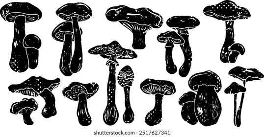 Large set of different mushrooms. Linocut style element texture surface vector