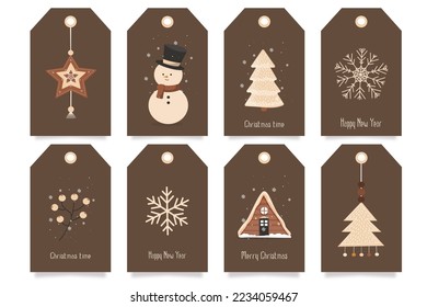 A large set of different New Year's Christmas tags, labels with a Christmas tree, a pendant, a house, a snowman, a snowflake, a mountain ash in natural shades. Eco decoration. Vector flat illustration