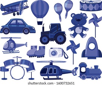 Large set of different objects in blue illustration