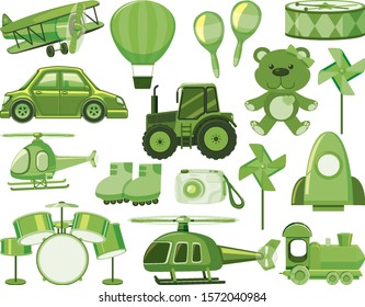 Large set of different objects in green illustration