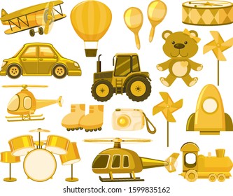 Large set of different objects in yellow illustration