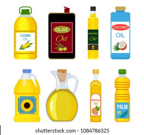 A large set of different packaging and bottles with different types of oil - sunflower, rapeseed, walnut, olive, coconut, palm. flat vector illustration isolated on white background