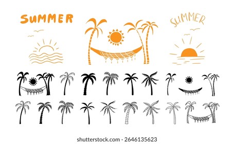 Large set of different palm trees, suns and hammock in doodle style. Summer time. Travel design. Adventure. Paradise. Hand drawn. Great for prints, poster, banner and professional design