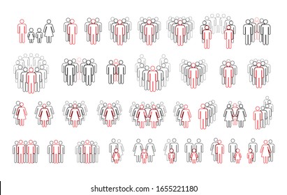 Large set of different people outline silhouettes with important red highlight, simple icons on white