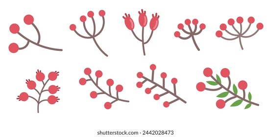 A large set of different red berries on a branch. Flat vector illustration, editable